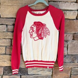 47 Brand S Chicago Blackhawks Women Red White Raglan Knit Sweater NHL Indian